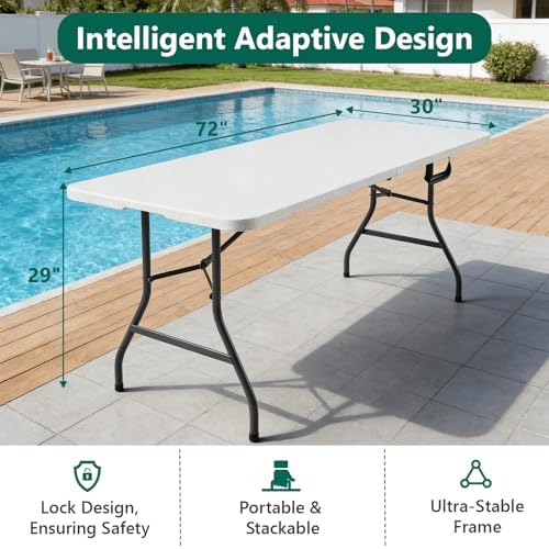 Folding Table 1 Pack, 6FT Folding Table Portable with Built-in Handle, Heavy Duty Plastic Table with Steel Legs Supports to 300lbs, Suitable for Party, Camping, Events Indoor&Outdoor Use, White