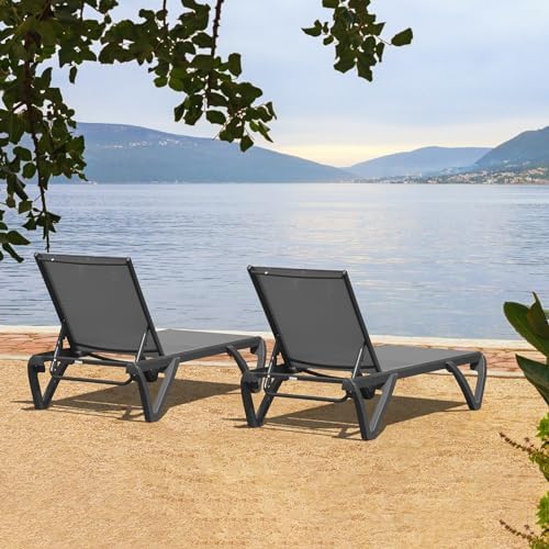 Domi Aluminum Pool Lounge Chair Outdoor Set of 2 Chaise Lounge Outdoor | Grey, Wheels, Adjustable, Textilene, All Weather, Poolside, Backyard, Patio, Deck, Outside