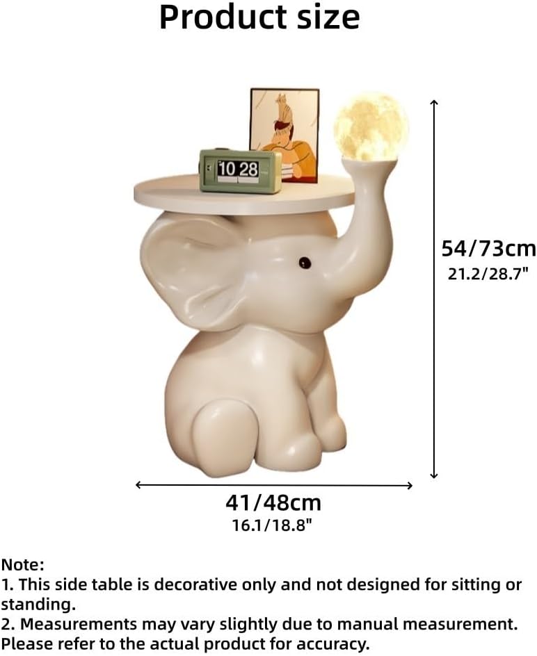 Resin Coffee Table, Elephant Shaped Side Table, Decorative Table with LED Lights, Nightstand with Wooden Tray, for Living Room, Bedroom(16.1x21.2in)
