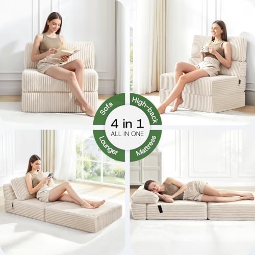 Convertible 4-in-1 Folding Sofa Bed Sleeper Chair Couch Foldable Chaise Lounger & Mattress Pocket Coils+Foam Fill Medium Support, No Assembly for Living Room/Bedroom, Twin Beige