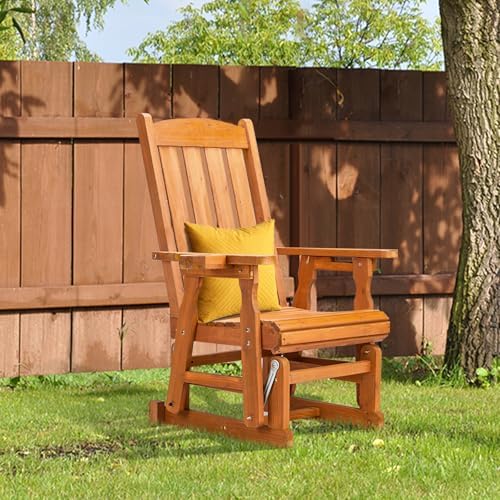 VINGLI Outdoor Glider Chair Wood Patio Glider with Cup Holder, Porch Glider with Smooth Rocking Mechanism, Heavy Duty 600 LBS