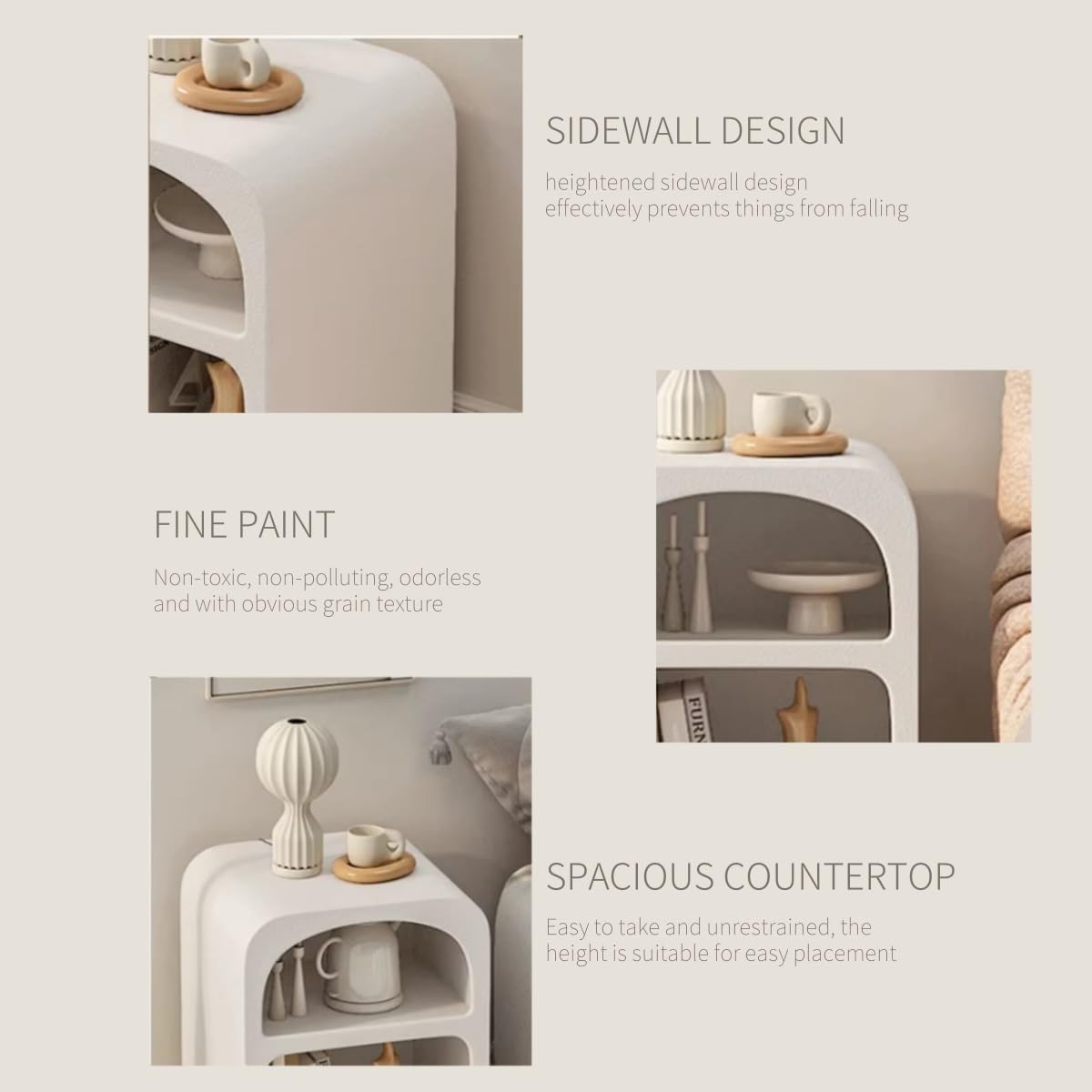 Modern Side Table, Creative Decorative Side Table, Nightstand with 2 Layers of Open Storage, Half-Moon Bedside Table for Bedroom, Office, Living Room, Apartment(Small)