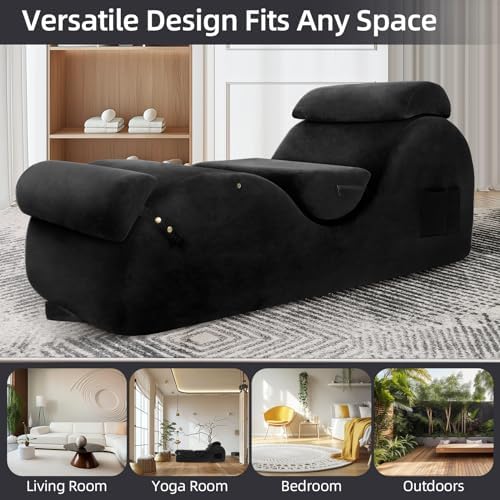 Chaise Lounge Chair for Yoga, Chaise Lounge with Headrest, Waist Pad, Foot Pad, Washable Cover Side Pockets Non-Slip Bottom, Yoga Chair for Relaxation Stretching (Black, Large)