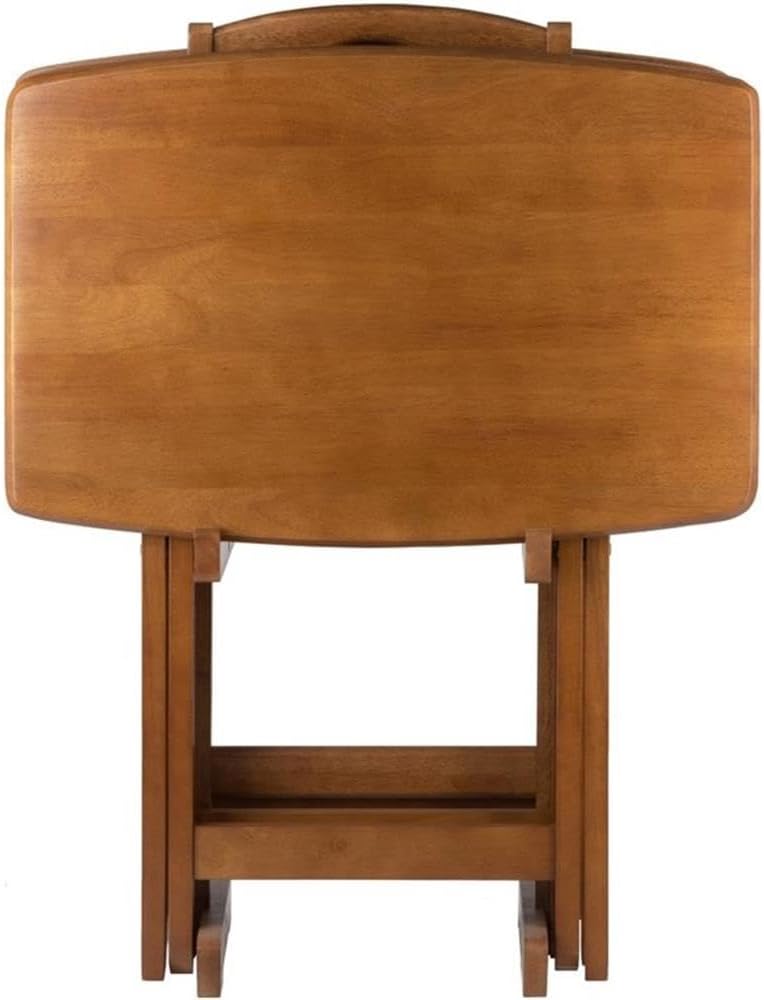 Pemberly Row 24" W x 12" D Transitional Oversized Solid Wood Snack Table Set with Storage Stand, Curved Sides, Rounded Corners, X-Frame Bases, No Assembly Required, in Brown Finish (Set of 5)