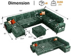 Vipbear 130" Modular Sectional Sleeper Sofa with Pull Out Bed, 9 Seat Corduroy L Shaped Couch with Ottoman and Chaise|USB Ports|Cup Holders|Side Table, Tool Free Assembly, Green