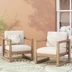 Acacia Wood Patio Club Chair Set of 2 with Water-Resistant Cushions, Outdoor Deep Seating Furniture for Garden, Porch, Backyard, Brown Wash with Beige Cushion