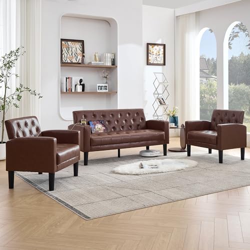 62'' Leather Loveseat Sofa Set with Chairs, 3-Piece Living Room Furniture | Leather Sofa and Chair Set, Loveseat Couch with 2 USB Ports and Cupholders, Comfy Furniture for Apartment Office, Brown