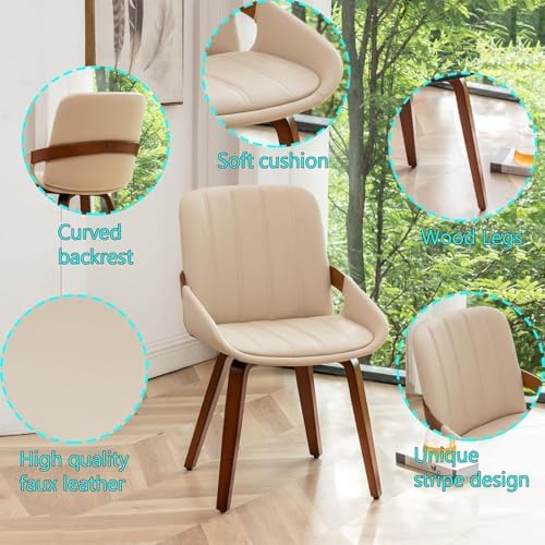 Mid Century Modern Faux Leather Upholstered Dining Chairs,Armless Accent Chairs with Sturdy Natural Wood Legs,Bamboo Backrest Support for Kitchen&Dining Room Chairs(1PCS,Beige)