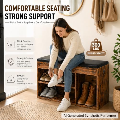HOOBRO Shoe Storage Bench with Cushion, 32.3'' Entryway Bench with Lift Top Hidden Storage and Adjustable Shelves, Wooden Shoe Rack Bench for Entryway Bedroom, Rustic Brown and Black BF40HX01