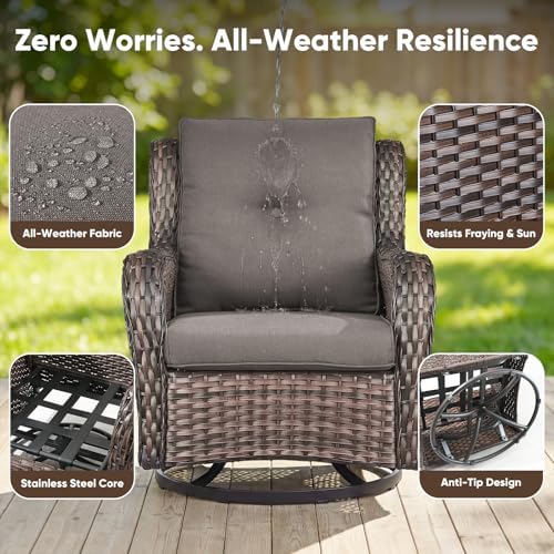 Belord Patio Furniture Set with Fire Pit Table,8 Piece Wicker Outdoor Furniture Set, Swivel Rocker Chairs with Ottomans and Sectional Couch, All Weather Patio Conversation Set,Brown Wicker/Gray