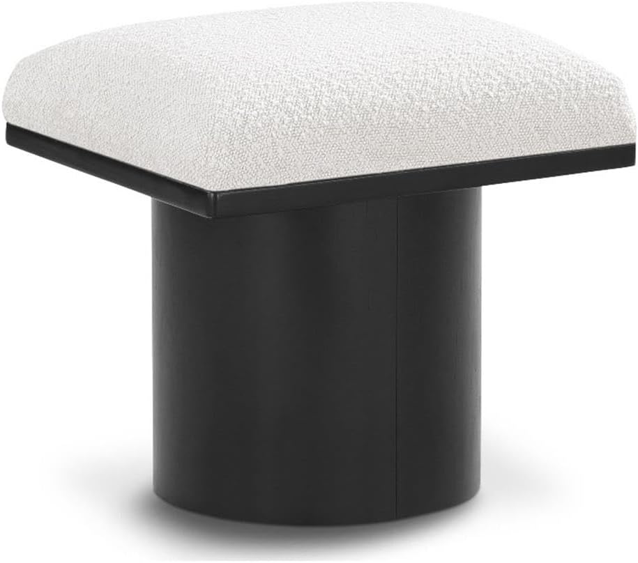 MAKLAINE Cream Boucle Fabric Bench/Stool, 15.5" W x 18" D x 17.5" H, Oak Veneer with Black Finish, 4" Thick Channel-Tufted Seat Cushion, Art Deco Design, Modular Living Room or Entryway Seating
