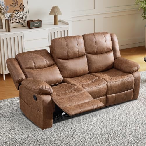 EBELLO Faux Leather Manual Reclining Sofa, Mid-Century Modern Overstuffed Armrest 3 Seat Recliner Sofa, Reclining Couch for Living Room, Meeting Room, Brown (3 Seat Sofa)