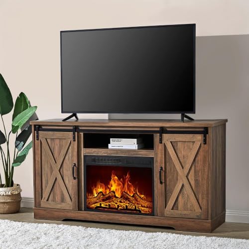 AMERLIFE Farmhouse 5 Piece Living Room Table Set, 59" TV Stand, Barnwood | TV Console for Living Room with 23" Electric Fireplace, 40" Coffee Table and 2 End Tables with Charging Station and USB Ports
