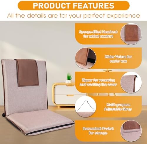 Adjustable Floor Chair with Back Support Foldable Meditation Seat, Coffee | 14-Position Adjust, 330lbs Weight Capacity, Washable Cover, Sturdy Bearings, Ground Seat for Adults, Portable for Meditation