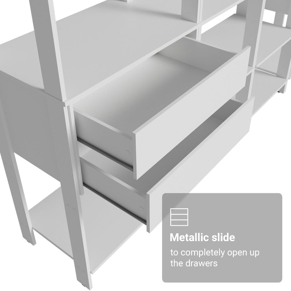 Madesa Kitchen Pantry Storage Rack with 4 Drawers, Open Shelves and Hanging Spaces 102" L Multiuse Modular Cabinet for Kitchen Organization - White