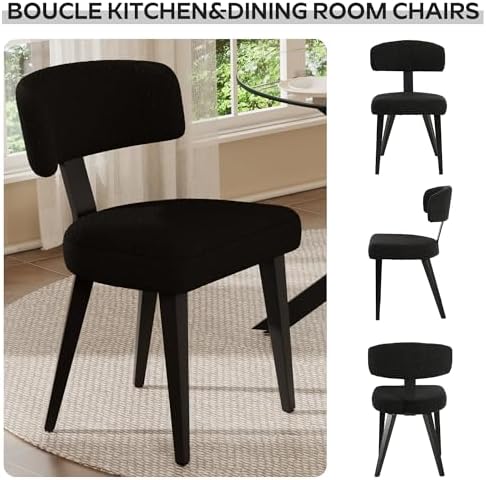 Boucle Chairs Set of 6, Modern Black Upholstered Dining Chairs with Black Metal Legs, Boucle Dining Chairs with Curved Backrest for Dining Room, Kitchen(Only Chairs)