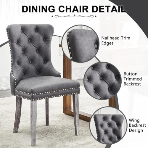 Leather Dining Chairs, Upholstered Dining Room Chairs, Grey, Set of 6 | Dining Chairs Set of 6, Leather Fabric, High Wing Back, Metal Pull Ring, Wood Frame, Mid Century Modern