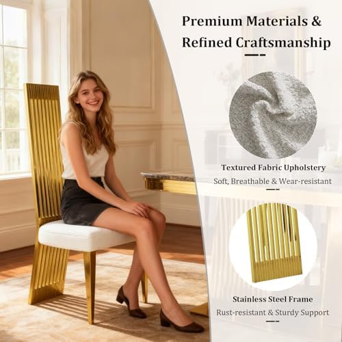 Dining Chairs Set of 6, Luxury Upholstered Boucle Chairs with Slatted Mirrored Polished Metal High Back and Legs, Modern White and Gold Dining Chairs with Breathable Backrest