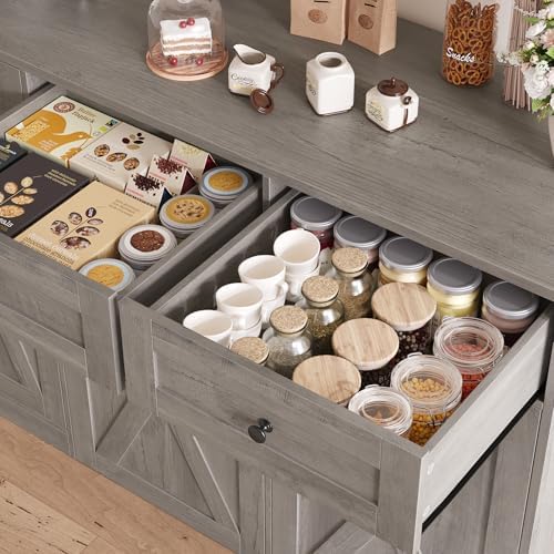 HOSTACK 71" Kitchen Pantry with 12.5 Gallon Double Trash Can Cabinet, Grey | Farmhouse Garbage Can Cabinet with Pull Out Trash Can Storage, 47"W Kitchen Hutch with Hidden Garbage Storage for Dining Room