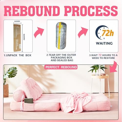 Folding Sofa Bed, Flannel Futon Couch Bed with Pillow and Blanket, Convertible Sleeper Chair for Living Room Bedroom (Two Pink)