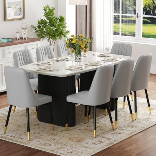 Ebullient White Dining Table Set for 8, 67'' Marble Oval Dining Table Set with 8 Metal Chairs, 3.5'' Thick Marble-Grain Top and Matte Black Wood Base, Space-Saving 9 Piece Kitchen Table Set