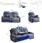 A Ainehome Sanded Leather Power Recliner Sofa Set with LED, 3 Pieces Living Room Furniture Sets, Blue Gray Reclining Sofa Sectional Couches for Living Room with USB Port/Storage Console/Cup Holders