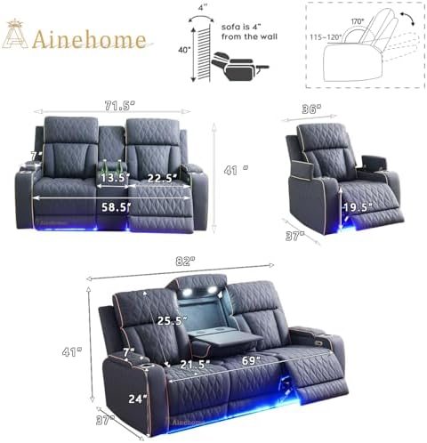 A Ainehome Sanded Leather Power Recliner Sofa Set with LED, 3 Pieces Living Room Furniture Sets, Blue Gray Reclining Sofa Sectional Couches for Living Room with USB Port/Storage Console/Cup Holders