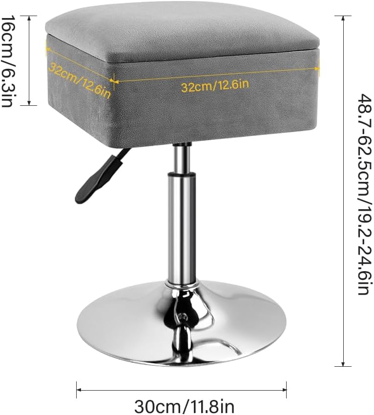 WKWKER Adjustable Vanity Stool with Storage Velvet 360° Swivel Makeup Stool Small Ottoman Chair Metal Base for Vanity Bedroom Living Room Lab Salon Studio Counter Desk (Gray)