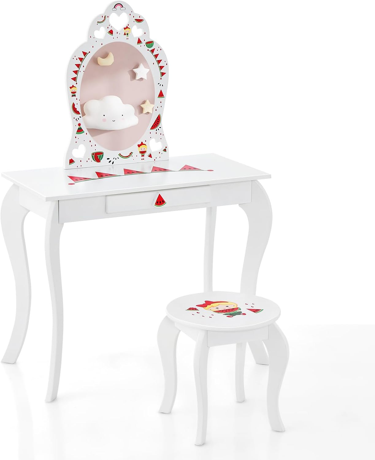 Costzon Kids Vanity, Girls Vanity Set with Mirror and Stool, Storage Drawer, Princess Toddler Makeup Vanity Desk Dressing Table, Wooden Kids Vanity Table and Chair Set (Fruit Pattern)