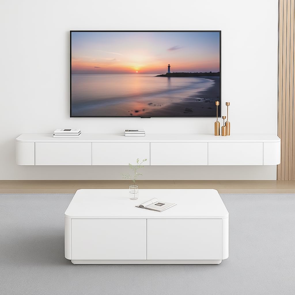 Floating TV Stand,47-118" Wall Mounted TV Shelf, Floating TV Consolewith Flip-Down Doors & Drawers, Modern TV Media Console Center Large Storage TV Stand (White-Led, 47.24")