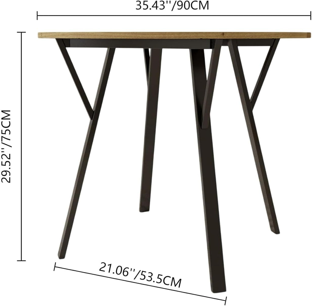 Round Dining Table with Metal Black Legs,35.43 Inch Circle Brown Kitchen Table Modern Dining Room Smal Table for 2-4 People (35.43'')