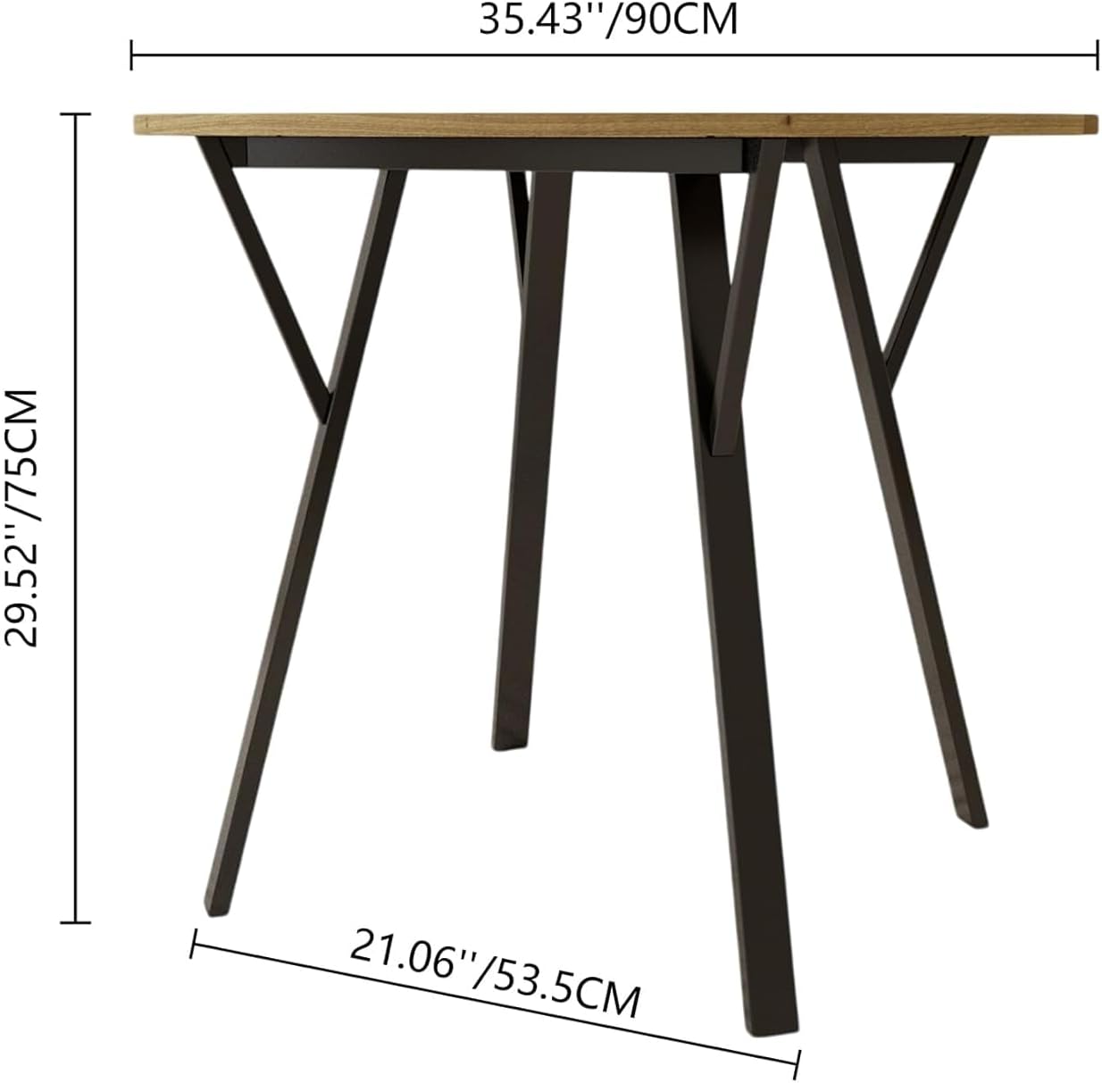 Round Dining Table with Metal Black Legs,35.43 Inch Circle Brown Kitchen Table Modern Dining Room Smal Table for 2-4 People (35.43'')