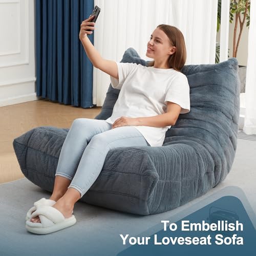Hobestluk Big Bean Bag Chairs for Adults Fireside BeanBag Couch Togo Sofa | Ergonomic Design,Memory Foam,No Assembly,Faux Fur Fireside Lounge Floor Chair Back Support Bedroom | Bluegrey Plush Single