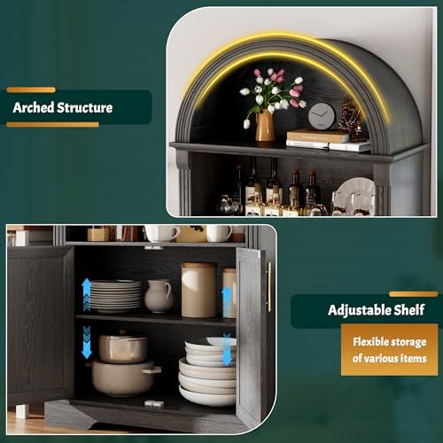 Vlsrka Kitchen Pantry Storage Cabinets with Adjustable Shelves, 71" Tall | Arched Wooden Cabinet with Doors, 3 Colors LED Lights, Motion Sensor, Freestanding, for Living/Dining Room, Black