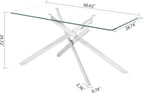 61" Rectangle Glass Dining Table for 4-6, Luxury Kitchen Table with Tempered Glass Top and Silver Metal Cross Legs, Modern Glass Dinner Table for Kitchen Dining Room Small Apartment
