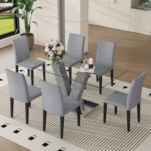 71" Glass Dining Table Set for 6, 7-Piece Glass Dining Table Set with Chairs & Rounded-Corner Tempered Glasss Tabletop, Kitchen Table Set for 6 Ideal for Kitchen Dining Room