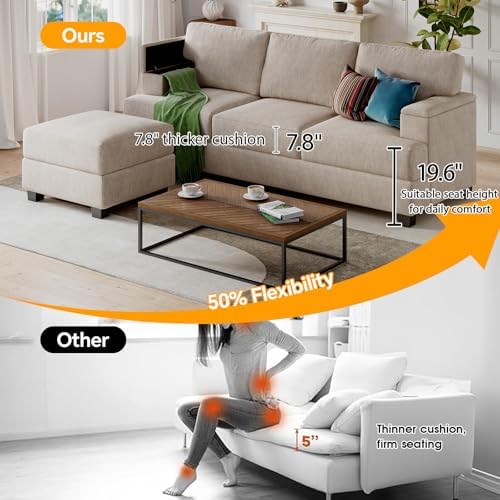 85'' L Shaped Couch with Armrest Organizer,Sectional,Movable Ottoman,Khaki | Comfy Sectional Sofa with Thick Cushion,3 Seats Sofas,Sectional Couches for Living Room,Bedroom,Apartment,Chenille