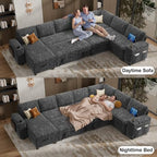 Vipbear 130" Modular Sectional Sleeper Sofa with Pull Out Bed, 9 Seat Chenille U Shaped Couch with Ottoman and Chaise|USB Ports|Cup Holders|Side Table, Tool Free Assembly, Grey