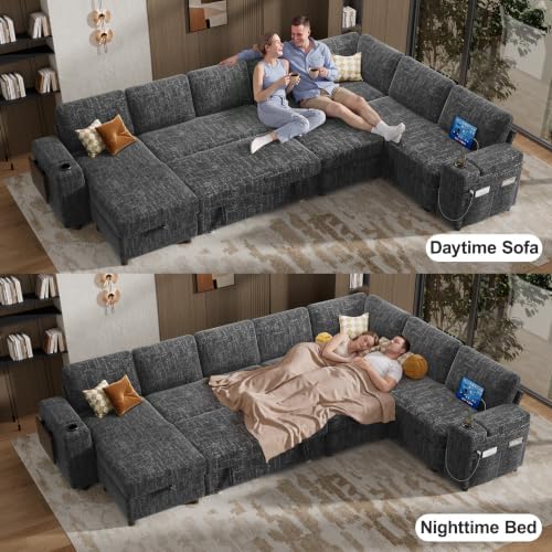 Vipbear 130" Modular Sectional Sleeper Sofa with Pull Out Bed, 9 Seat Chenille U Shaped Couch with Ottoman and Chaise|USB Ports|Cup Holders|Side Table, Tool Free Assembly, Grey