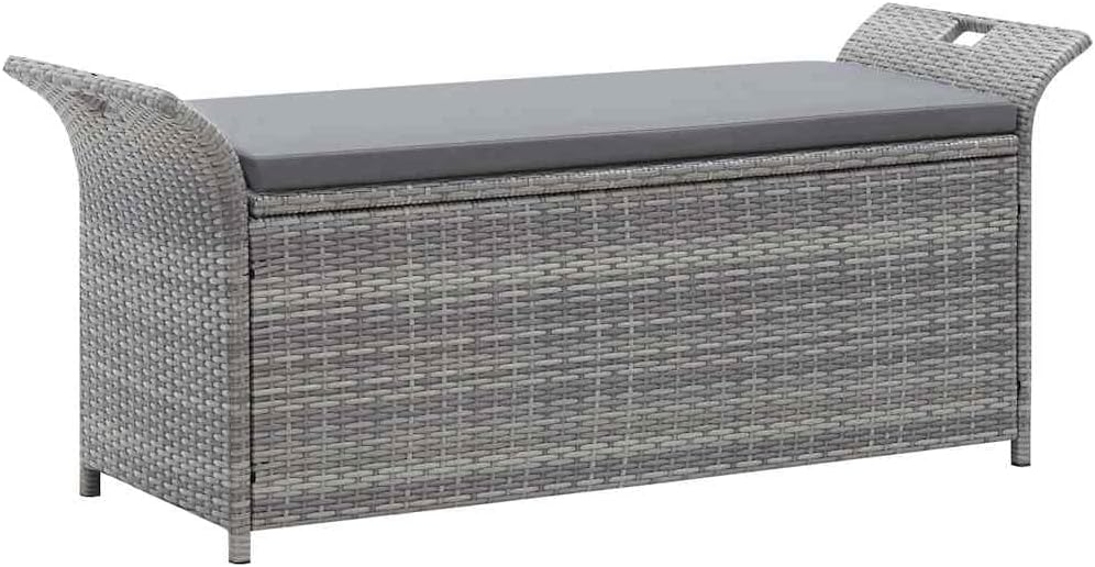 Poly Rattan Patio Storage Bench with Cushion, 54.3" Waterproof PE Outdoor Bench with Large Storage Space and Removable Polyester Cover, Gray