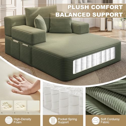 60.2" Oversized Chaise Lounge Chair, Corduroy Cloud Couch, Deep Seat Convertible Sofa Bed with 3 Pillows, Wide Armrests, Side Pocket, No Assembly (Green)