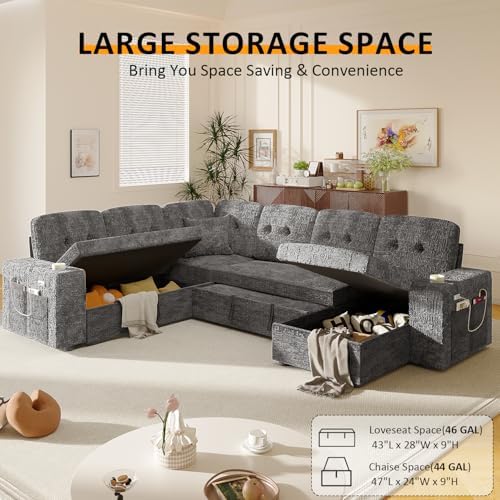Modular Sectional Sleeper Sofa with Pull Out Bed, 108 Inch U Shaped 7 Seat Couches for Living Room, Chenille Fabric Cloud Couch Bed with Storage & Reclining Backrest, USB Charging, Grey