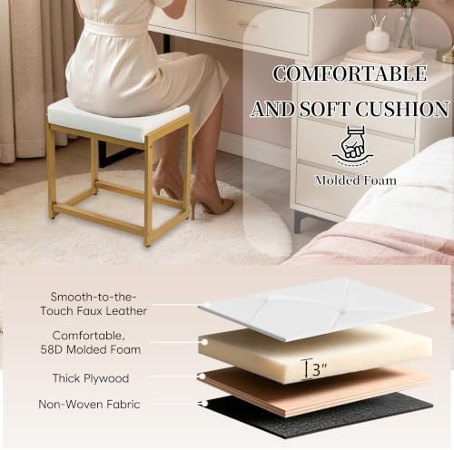 Vanity Stool, Vanity Chair Stools with Reinforced Metal Legs, Faux Leather Upholstered Ottoman Bench for Bedroom, Living Room, Small Modern Makeup Chairs for Dressing Table, White&Gold