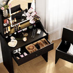 LIKIMIO Small Vanity Desk with Mirror Lights and Storage Stool | Black compact vanity with 3 light modes, charging station, storage drawer, 3 shelves and upholstered stool