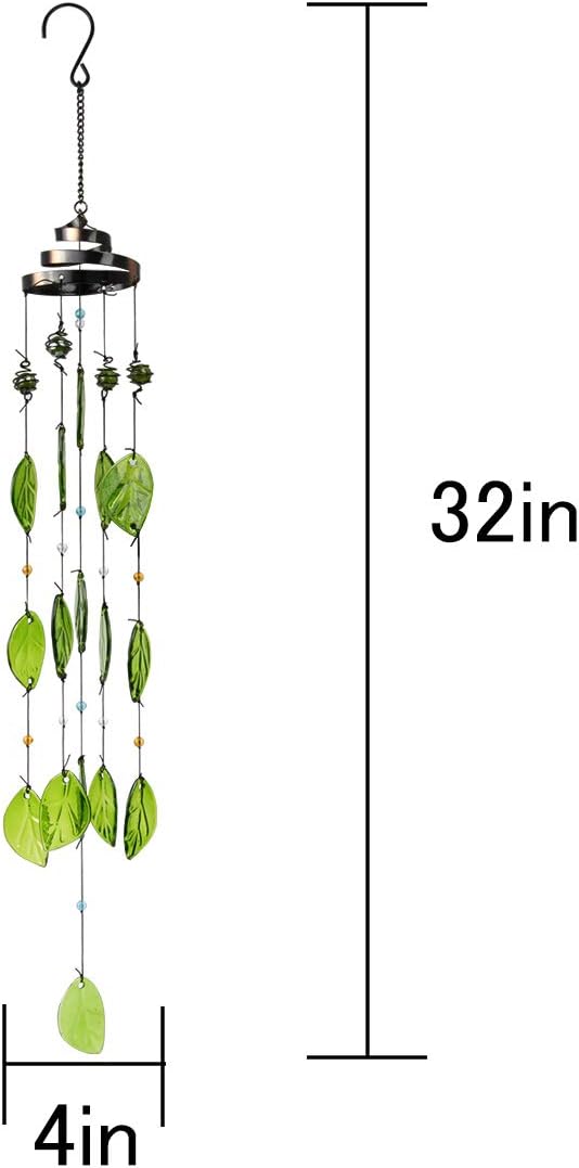 Vindar Wind Chimes, Glass Leaves Wind Chimes Outdoor Decor Handmade 32" Garden Chimes for Home, Patio, Backyard Decor Indoor and Outdoor Decor
