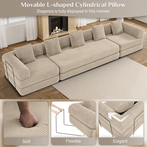 DAMAIFROM Convertible Sleeper Sofa Bed Floor Couch, Light Brown | 158" Corduroy Modular Compressed Futon Sofa Bed, Pull-Out Cloud Sectional Couch with Memory Foam Mattress for Living Room