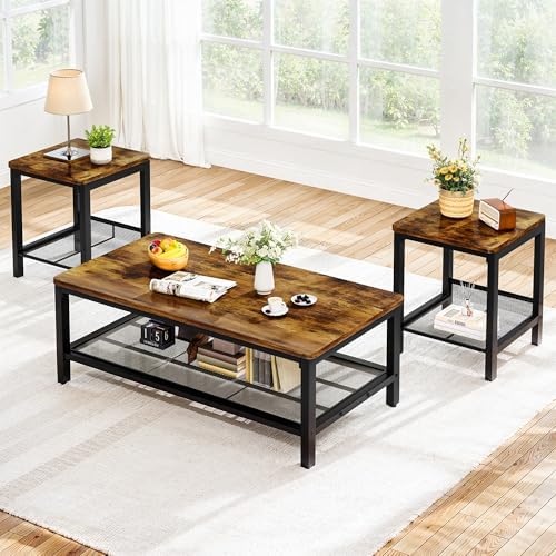 Recaceik 3-Piece Living Room Coffee Table Set, Industrial Coffee Table with 2 Square End Side Tables, Modern Living Room Table Set with Metal Frame for Apartment Home Office (Rustic Brown)