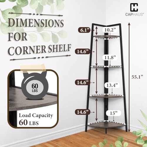 CAPHAUS 4-Tier Corner Shelf Stand, Tall Display Shelves, Ladder Corner Wood Storage Plant Bookshelf with Metal Frame, Versatile Shelving Unit Bookcase for Home Office Space, Dark Grey