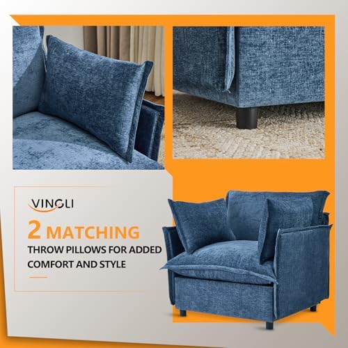 VINGLI 34" Width Oversized Accent Chairs Set of 2, Navy Sofa Reading Chair Upholstered Armchair Soft Chenille Fabric Living Room Chairs Sofa for Bedroom, Home Office, Play Room
