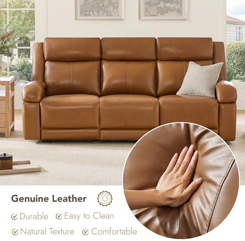 Watson & Whitely Genuine Leather Power Recliner Sofa & Loveseat Set, Saddle | Wall Hugger Reclining Sofas, Power Headrest, Center Storage Console, Charging Ports, Cup Holders, Living Room Furniture Set